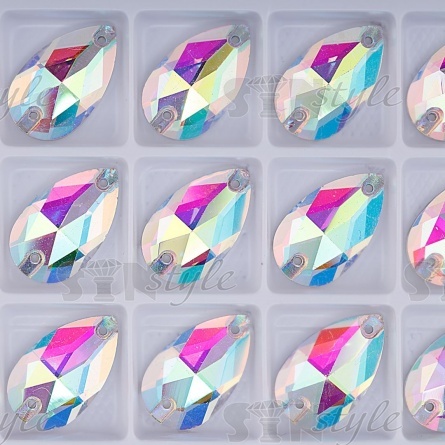 Стразы пришивные стеклянные Капля, цвет белый прозрачный радужный, размер 17*28 мм фото 2