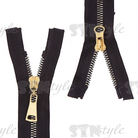 Молния трактор, тип 5, разъемная, двухзамковая, основа нейлон, длина 110 см, цвет 322 (черный), звенья металлизированные, цвет золотистый, бегунок золото фото 2