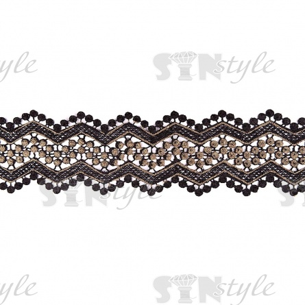 Кружево ажурное двустороннее, интересное двухцветное переплетение с зигзагообразным краем, ширина 90 мм, цвет черный+золото, намотка 15 ярдов фото 2