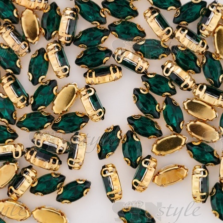 Стразы пришивные акриловые в цапах, форма лодочка, цвет золото+темно-зеленый, размер 5х10 мм, 200 шт/уп. фото 3