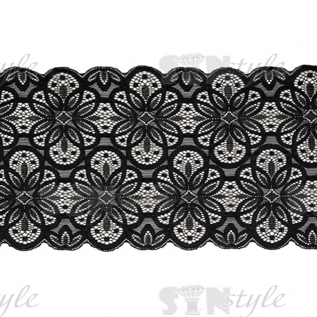 Кружево эластичное, ширина 185 мм, цвет черный, намотка 15 ярдов, материал лайкра фото 1
