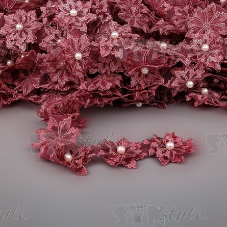 Кружево "Цветочки" украшено бусиной , на капроновой ленте, ширина 55 мм, цвет старо-розовый, намотка 20 ярдов фото 1