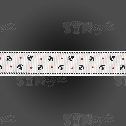 Лента репсовая, с принтом "якоря", ширина 40 мм, цвет белый+синий+красный, намотка 20 ярд фото 2