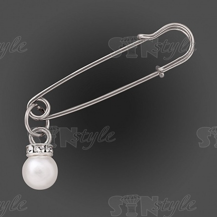 Булавка металическая, цвет никель+белые стразы+белая бусина фото 1