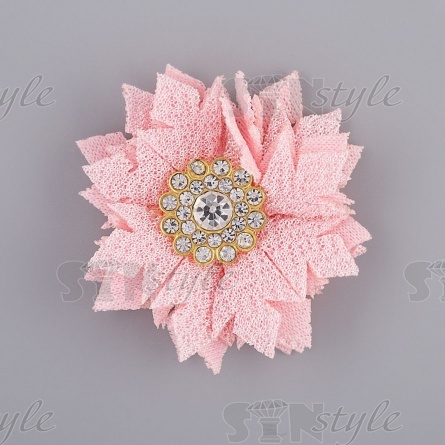 Цветочки декоративные тканевые со стразами, цвет розовый, диаметр 40 мм,  фото 1