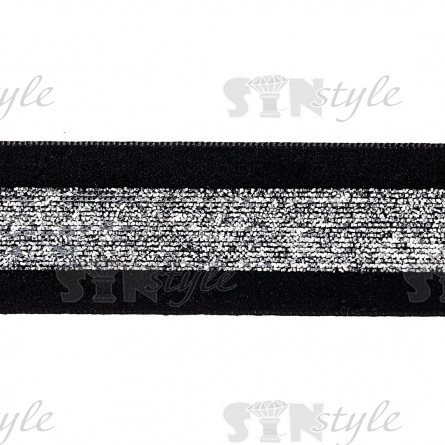 Лента бархатная с люрексом, ширина 25 мм, цвет черный+серебряный, намотка 25 ярдов фото 2
