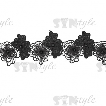 Кружево "Цветочное", нежная ассиметричная гирлянда из объемных цветов разных оттенков черного, ширина 80 мм, цвет черный, намотка 10 ярдов фото 2