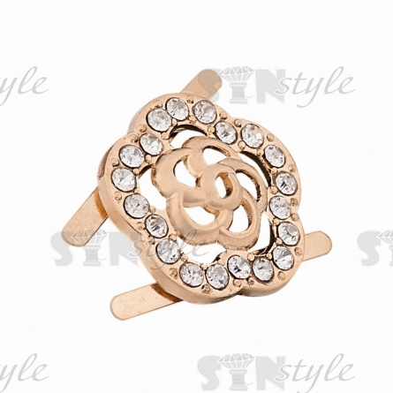 Брошь металлическая, крепление усики, диаметр 18мм, цвет золото+белые стразы фото 2