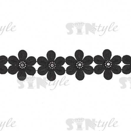 Кружево "Цветочное", красивая цветочная гирлянда со тразами в середине каждого цветка, ширина 50 мм, цвет черный, намотка 15 ярдов фото 1