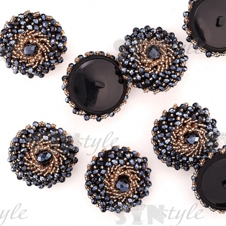 Пуговица пластиковая на ножке, круглая, расшита бисером синего и золотого цвета, 60L фото 3