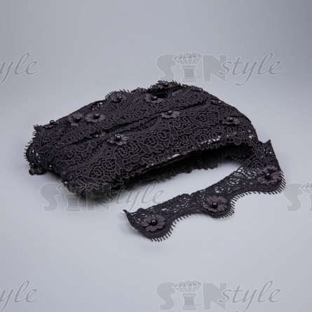 Кружево ажурное с отделкой, нежнейшее тонкое переплетение гирлянды цветочными мотивами с бусиной в центре цветка и тонкой бахромой по краю изделия по всей длине, ширина 55 мм, намотка 15 ярдов, цвет черный  фото 2