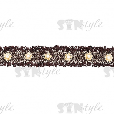 Декоративная тесьма букле с люрексом и бахромой, отделана золотыми цветками и белыми бусинами, ширина 30 мм, намотка 15 ярдов фото 2