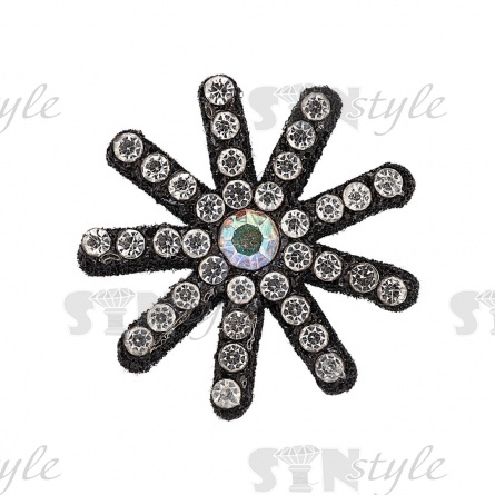 Аппликация "Снежинка" из страз, на фетровой основе, размер 20 мм, цвет черный + белые и радужные стразы фото 1