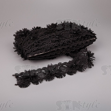 Кружево ажурное с цветочной отделкой и бусинами, ширина 60 мм, цвет черный, намотка 10 ярдов фото 3