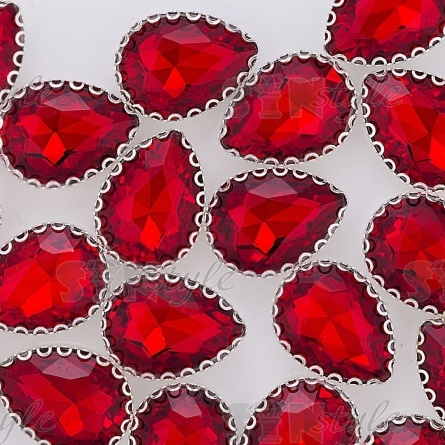 Стразы пришивные, стеклянные в оправе, форма капля, цвет серебро+красный, размер 13х18 мм фото 4