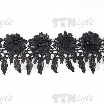 Кружево ажурное с отделкой,  нежнейшее тонкое переплетение гирлянды с цветочными мотивами с бусиной в центре цветка, ширина 85 мм, намотка 10 ярдов, цвет черный  фото 1