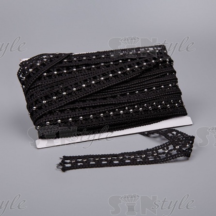 Кружево ажурное с клепками, ширина 25 мм, цвет черный, намотка 15 ярдов  фото 3