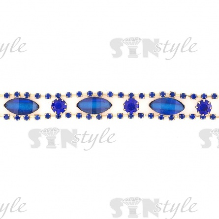 Цепочка декоративная металлическая золотого цвета с синими стеклянными стразами, ширина 12 мм, намотка 5 ярдов фото 1