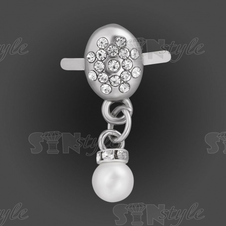 Брошь металлическая, крепление усики, цвет серебро+белые стразы и бусина, размер 30х10 мм фото 1