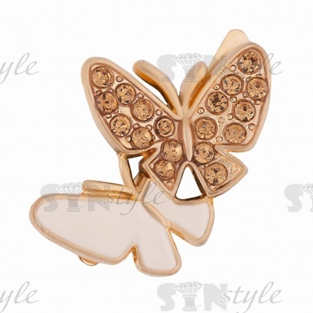 Брошь металлическая, крепление усики, размер 26 мм х 18 мм, цвет золотой+белый+золотоый стразы фото 1