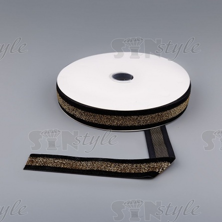 Лента бархатная с люрексом, ширина 25 мм, цвет черный+золотой, намотка 25 ярдов фото 3