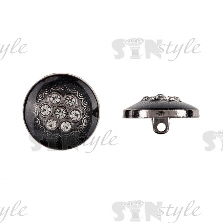 Пуговица металлическая  на ножке, размер 28 L, цвет черный+белые стразы фото 1