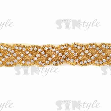 Термоаппликация "Пояс" из бисера и стеклянных страз, цвет золотой/стразы белые, размер 25х900 мм фото 1