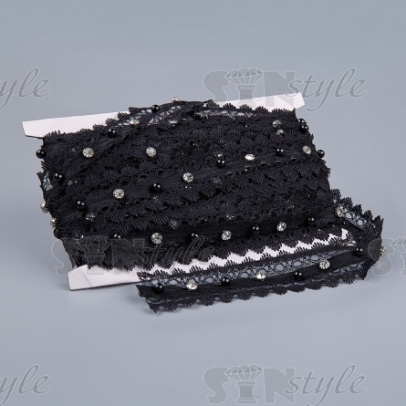 Кружево ажурное с отделкой стразами, ширина 35 мм, цвет черный, намотка 10 ярдов фото 3