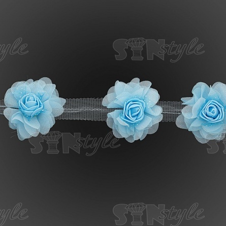 Кружево "Цветочки" на капроновой ленте, нежная цветочная гирлянда из объемных цветов, ширина 60 мм, цвет голубой (129), намотка 10 ярдов фото 3