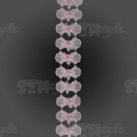 Нежное ажурное кружево из бантиков, декорированное белыми стразами и бусинами в цвет кружева, ширина 75 мм, цвет розовый, намотка 10 ярдов фото 3