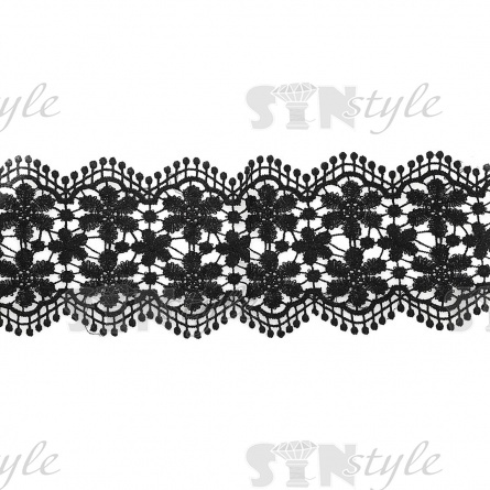 Кружево ажурное, нежная цветочная гирлянда с крупной бахромкой по зигзагообразному краю, ширина 110 мм, цвет черный, намотка 15 ярдов фото 1