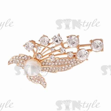 Брошь металлическая со стразами, застежка булавка, цвет золото+белые стразы+белая бусина,размер 38х65 мм фото 2
