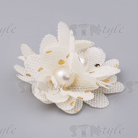 Цветочки декоративные с бусинами, цвет шампань, диаметр 40 мм,  фото 2