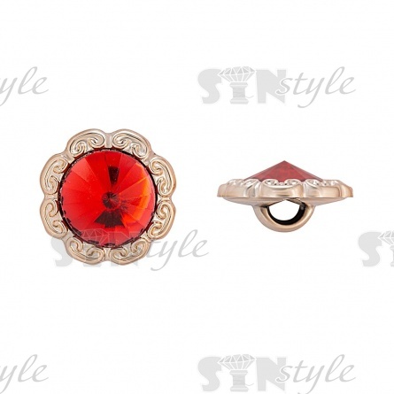 Пуговица пластиковая на ножке, круглая с ажурным бортиком, основа золотая, вставка в виде красной стразы, 28L фото 1