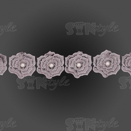 Кружево "Цветочки" украшено бусиной ,на капроновой ленте, ширина 55 мм, цвет серый (32), намотка 20 ярдов фото 2