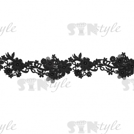 Кружево "Цветочное", воздушная цветочная гирлянда с бусиной в центре каждого цветка, ширина 85 мм, намотка 10 ярдов, цвет черный фото 2