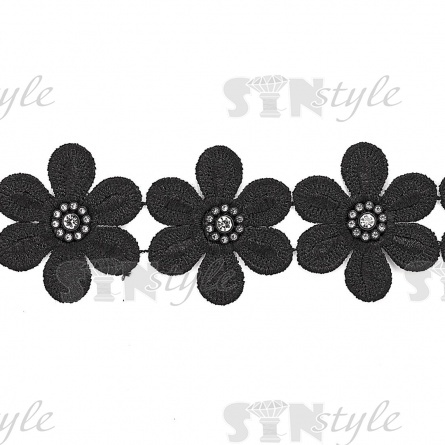 Кружево "Цветочное", красивая цветочная гирлянда со тразами в середине каждого цветка, ширина 50 мм, цвет черный, намотка 15 ярдов фото 2
