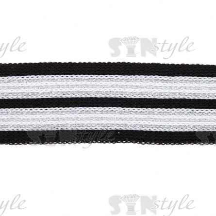 Тесьма трикотажная (лампасная), ширина 25 мм, цвет черный/белый/серебро, намотка 70 метров  фото 1