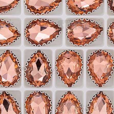 Стразы пришивные, стеклянные в оправе, форма капля, цвет серебро+персик, размер 10х14 мм фото 3