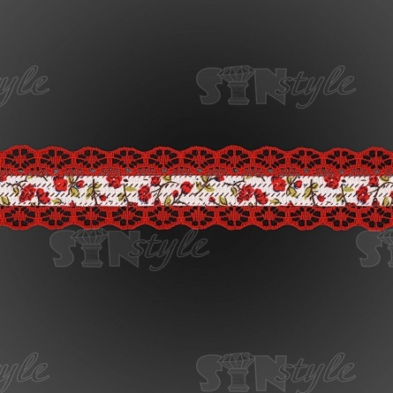 Декоративная лента на кружевной основе с цветочным принтом, цвет красный, ширина 30 мм, намотка 20 ярдов фото 3