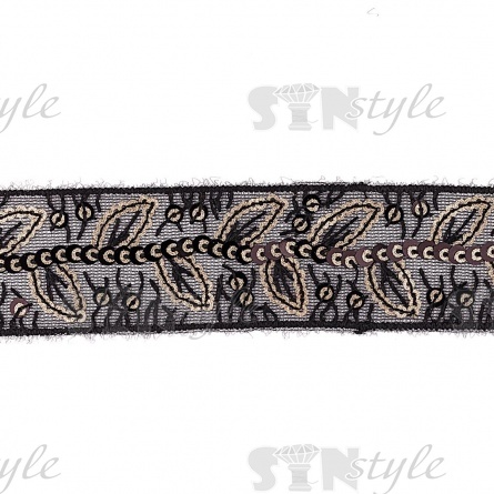 Тесьма отделочная на сетке, расшитая пайетками, ширина 35 мм, цвет черный+золотой, намотка 20 ярдов фото 1