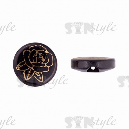 Пуговица пластиковая на полуножке, размер 20L, цвет черный, на шляпке золотой принт в виде розы фото 1