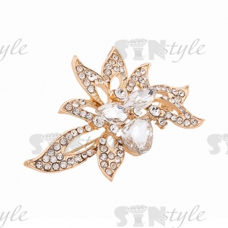 Брошь металлическая со стразами, застежка булавка, цвет золото+белые стразы, размер 35х60 мм фото 2