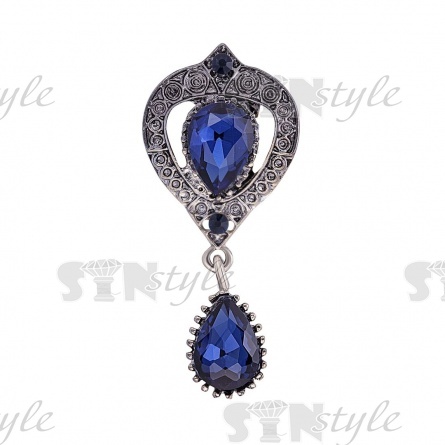 Брошь с подвеской, застежка булавка, цвет темный никель+синие стразы, размер 24х53 мм фото 1