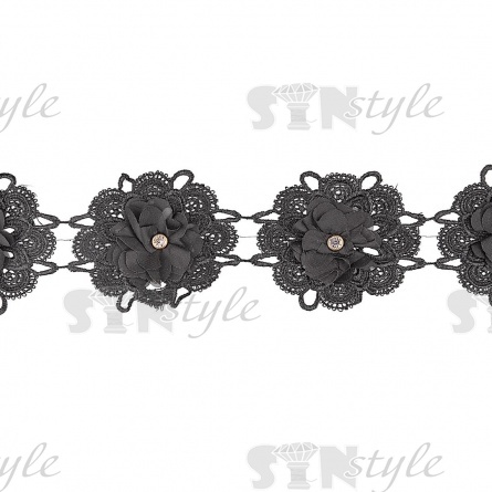Кружево "Цветочное", на тонокой ажурной основе россыпь объемных цветов со стразой в середине каждого цветка,  ширина 90 мм, цвет черный, намотка 15 ярдов  фото 2