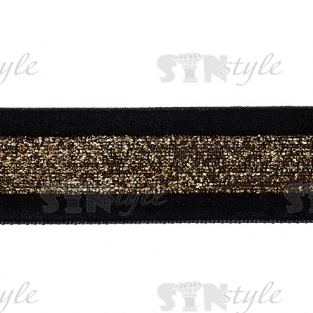 Лента бархатная с люрексом, ширина 25 мм, цвет черный+золотой, намотка 25 ярдов фото 2