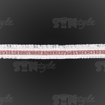 Декоративная тесьма букле с бахромой белого цвета, украшена белыми стразами на красной полоске, ширина 20 мм, намотка 45 ярдов фото 1