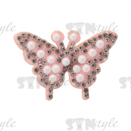 Аппликация "Бабочка" из страз, на фетровой основе, размер 45 мм х 30 мм, цвет розовый+белые стразы и полубусины фото 1