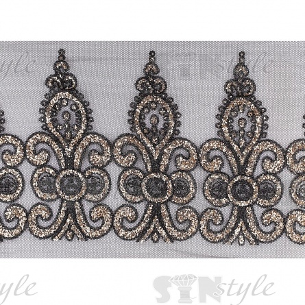 Кружево на черной сетке с золотым и черным глиттером, ширина 175 мм, намотка 15 ярдов фото 1