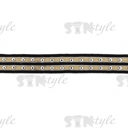 Декоративная тесьма с люрексом и клепками, цвет черный+золото+серебро, ширина 25 мм, намотка 15 ярдов фото 1